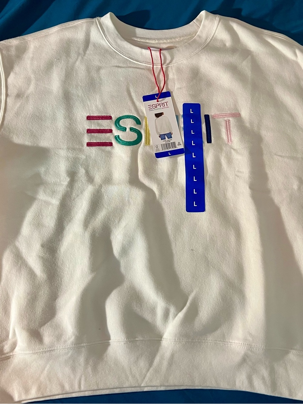 ESPRIT Viral Costco Cream Sweatshirt with Pink, Teal, Yellow and Blue Logo - Picture 2 of 4